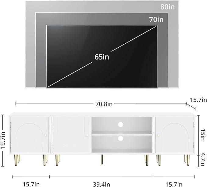 Modern TV Stand for TVs up to 80", Combined TV Stand for 75+ inch TV, Entertainment Center for 60/65/70in TV, TV Media Stand with Storage Side Cabinet for Living Room, Bedroom, White