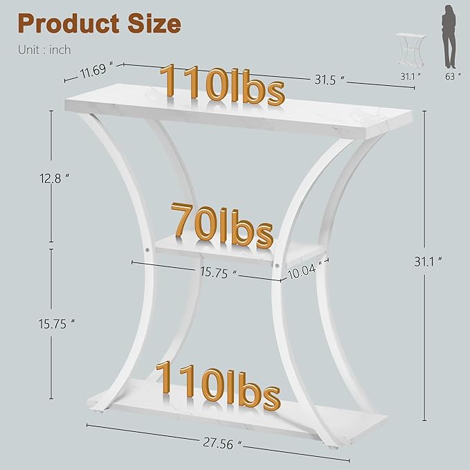 Hoctieon 3 Tier Console Table with Open Wood Shelves, Decorative Entryway Table with Curved Metal Frames, Narrow Sofa Table for Entrance, Living Room, Hallway, White Marbled