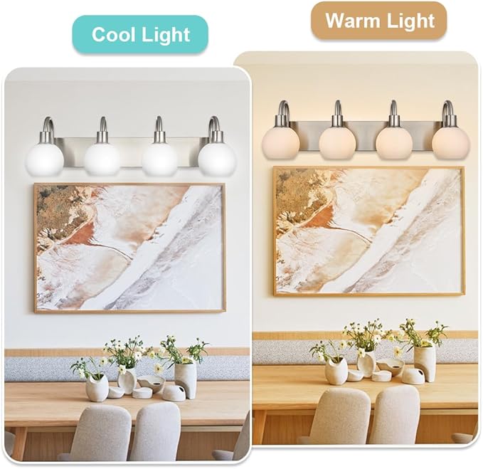 28.7 Inch Bathroom Light Fixture Brushed Nickel, Modern 4-Lights Vanity Light Over Mirror with Milk White Globe Shades, Wall Mounted Lamp for Hallway Kitchen