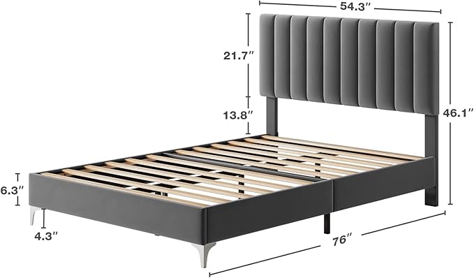 IDEALHOUSE Full Bed Frame with Velvet Headboard Adjustable, Strong Wooden Slat Support, No Box Spring Needed, Noise Free Sleep,Easy Assembly, Dark Grey