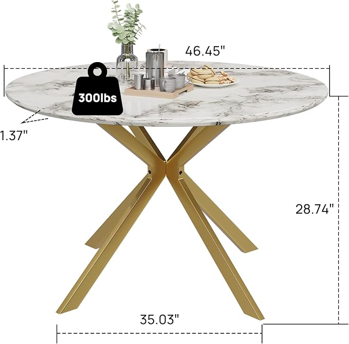 46.4" Round Dining Table, Mid Century Modern Round Dining Room Table for 4-6 with Metal Legs, Easy Assembly Coffee Table, Space-Saving Design for Kitchen and Dining Room
