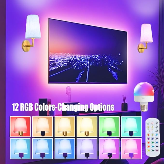 JKEYES Battery Operated Wall Sconce Set of 2, Gold Cordless Wall Lights with 5200mAh Dimmable Detachable Rechargeable Bulbs, 12 Colors Sconces Wall Decor for Bedroom Living Room Hallway