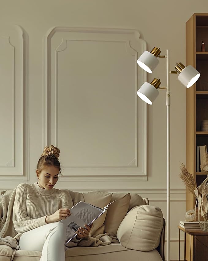 OYEARS Floor Lamp for Living Room Bright Lighting Tall Modern Industrial Vintage Standing Corner Lamps LED Metal Light Office Bedroom Study Gold Black Cream Matte Accent (3-Light, Cream)