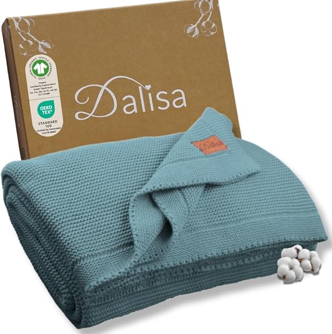Dalisa 100% Organic Turkish Cotton Throw Blanket - GOTS Certified, Cozy - Perfect for Couch, Bed, and Home Decor - Boho Vintage Knit Alina (Smoke Blue, 60x80)
