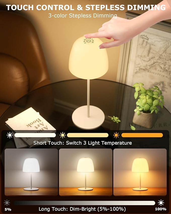 2 Pack Portable Cordless Table Lamp, 3 Color Stepless Dimming 5500mAh Rechargeable Battery Operated LED Desk Lamp, for Bedroom/Couple Dinner/Desk/Cafe/Dining Room/Terrace
