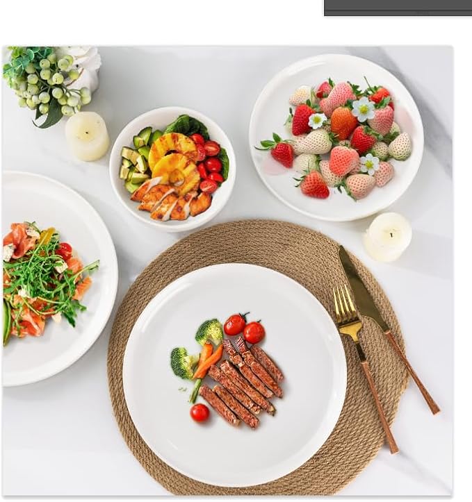 Ceramic Dinnerware Sets for 4,Handcraft Wavy Rim Stoneware Plates and Bowls Sets,Highly Chip and Crack Resistant | Dishwasher & Microwave & Oven Safe Dishes set,Service for 4 (12pc)-White &Wave