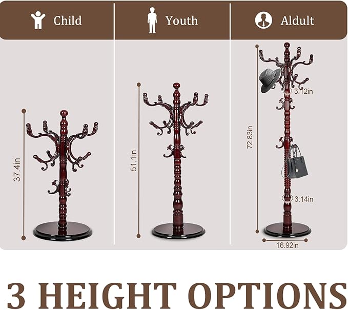 73”Vintage Wooden Coat Rack Freestanding With 14 Hooks and Sturdy Round Base。3-level Adjustable Vintage Wooden Coat Rack.Coat Rack Stand for Living Room Bedroom Office (Mahogany)