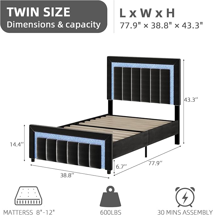 HOMBCK Twin Size Bed Frames with LED Lights and Velvet Upholstered Headboard, Bed Frame Twin with Modern Diamond Headboard Adjustable, Wooden Slats Support, Noise Free, No Box Spring Needed, Black