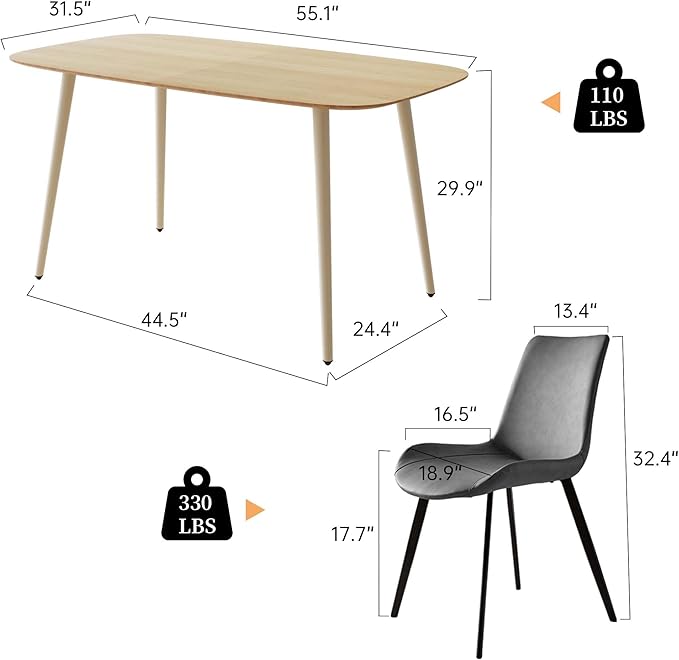 47.2'' Dining Table Set for 4,Modern Wood Dining Table,Leather Dining Chairs 4,Table and Chairs Set of 4,Ideal for Kitchen Dining Room (Cat Scratch Table + 4 Gray Chairs, 47.2")