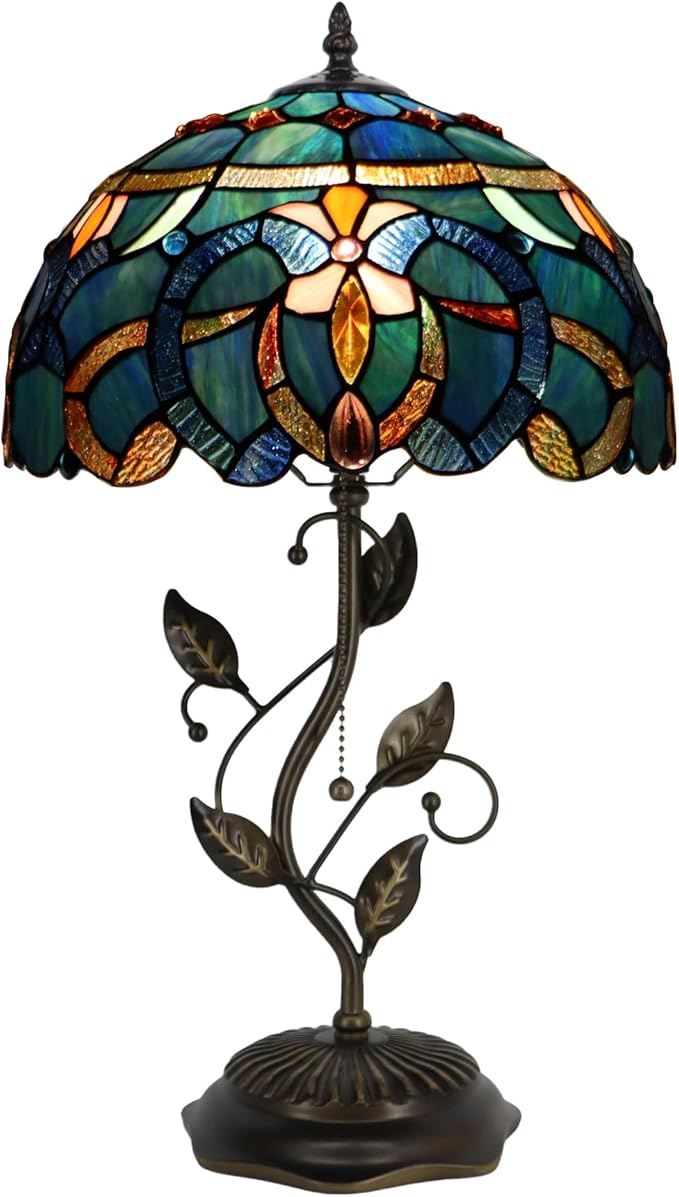 Tiffany Table Lamp, Stained Glass Desk Light, W12H19 Inch, Metal Leaf Base (Blue Baroque Style)