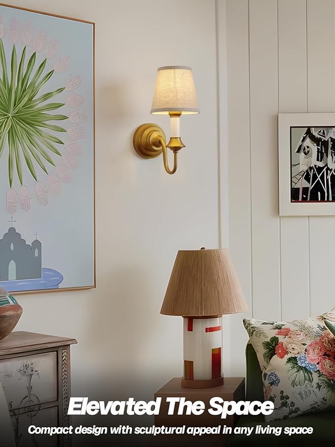 Vintage Fabric Wall Sconce Light with Curved Arm, Rustic Linen Cloth Wall Light Fixtures, Hardwired Brass Wall Mounted Lamp for Bathroom Vanity Bedroom Living Room