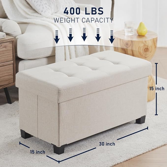 Ornavo Home 30 Inch Storage Ottoman, Large Storage Bench, Ottoman with Storage with Legs, Foot Rest Stool, Bedroom Bench - Beige