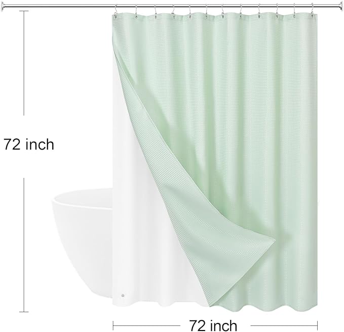 3 in 1 Shower Curtain Set, Mint Green Waffle Shower Curtain and PEVA Liner Set with 12 Stainless Steel Shower Curtain Hooks, Waterproof Shower Curtains for Bathroom, 72 W x 72 H