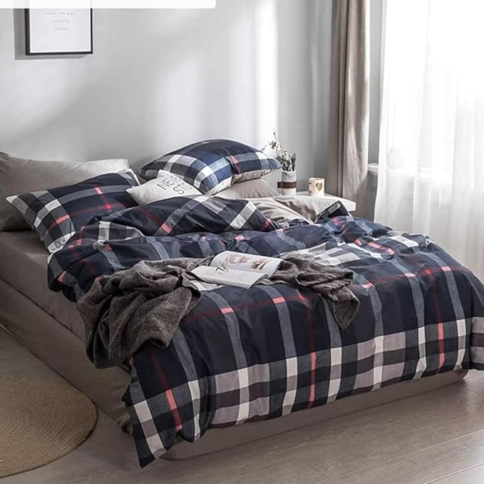 Luxlovery Navy Plaid Comforter Set Twin Men Boys Blue Tartan Bedding Comforter Set Twin Geometric Buffalo Checkered Blanket Quilts Soft Breathable Navy Grid Dorm Comforter for Women Men Adults