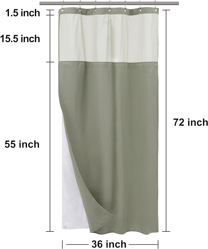 N&Y HOME Stall Waffle Weave Shower Curtain with Snap-in Fabric Liner & Hooks Set - 36" x 72" Small Shower Stall Size, Hotel Style & Mesh Top Window, Machine Washable - 36x72, Sage Green
