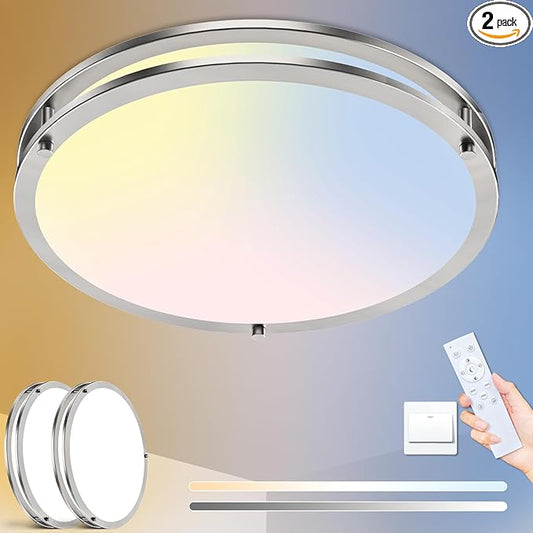 libtit 16Inch Flush Mount Ceiling Lights with Remote, 36W Dimmable LED Ceiling Light 3000K-6500K Adjustable, Large & Bright Brushed Nickel Light Fixture for Kitchen Bedroom LivingRoom -2Pack