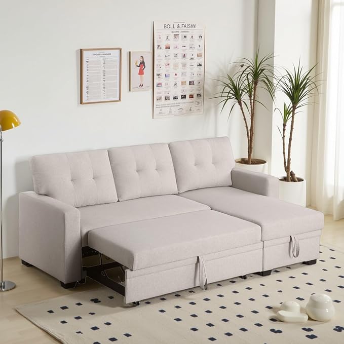 L-Shape Sofa Bed, 82" Sectional Couch with Storage Chaise, Pull Out Sleeper Sofa with Removable Back Cushions, Convertible Corner Couch for Living Room Apartment, Beige