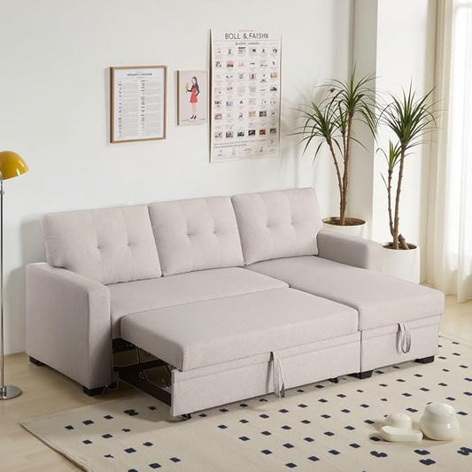 L-Shape Sofa Bed, 82" Sectional Couch with Storage Chaise, Pull Out Sleeper Sofa with Removable Back Cushions, Convertible Corner Couch for Living Room Apartment, Beige