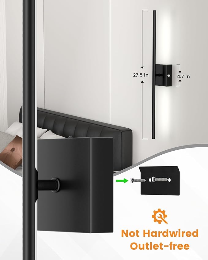 VOLISUN Battery Operated Wall Sconce Set of Two, Black Rechargeable Wall Lights with Remote Control, 3000K-6500K Dimmable Wall Lamp, 27.6 Inch LED Wireless Wall Lights for Bedroom, Living Room,Hallway