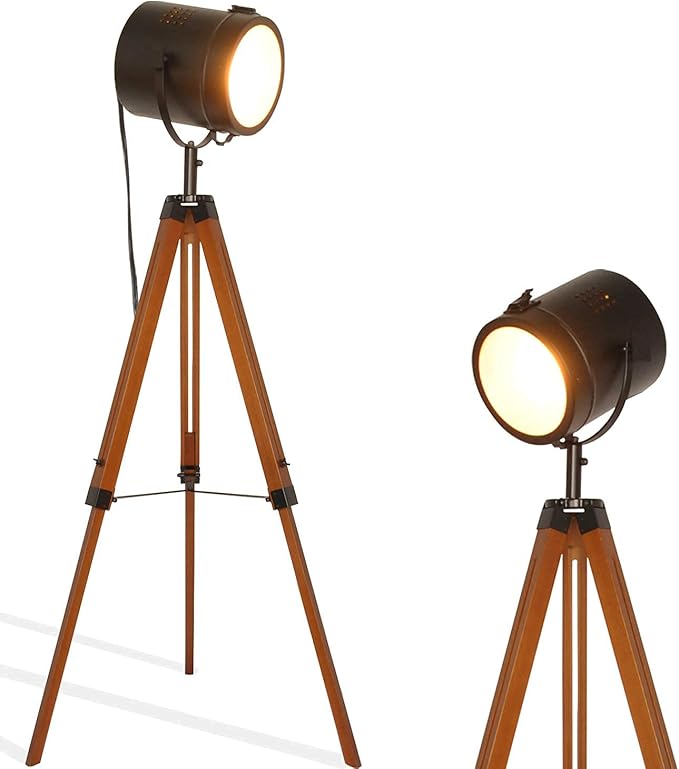 Industrial Vintage Black Tripod Floor Table Lamp - Modern Adjustable Height Wooden Nautical Cinema Searchlight - Spotlight Standing Reading Light for Living Room Bedroom Office Decoration(no Bulb)