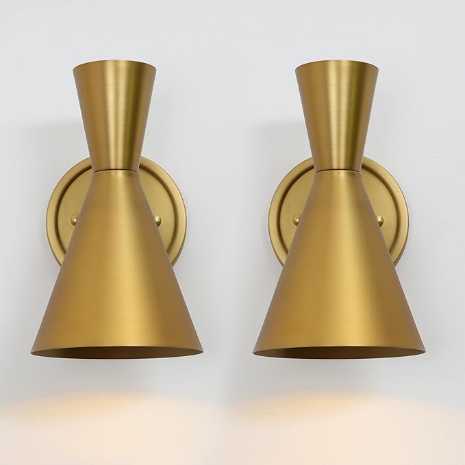 HEQIQEH Adjustable Modern Battery Powered Wall Sconces Light Set of 2 with Flared Funnel Metal Shade, 13 RGB Remote Control Dimmable Wall Mounted Lamp for Galleries, Hallway, Bedroom, Hotels