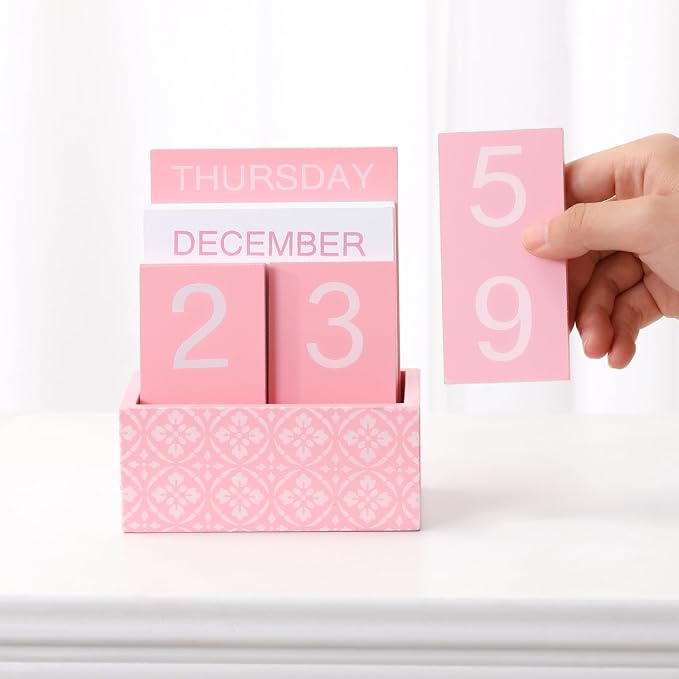 Wooden Block Perpetual Calendar for Desk, Cute Desk Accessories Pink, Flip Calendar for Office Classroom Preppy Room Decor
