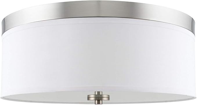 Kira Home Walker 15" Mid-Century Modern 3-Light Flush Mount Ceiling Light, White Fabric Shade + Round Glass Diffuser, Brushed Nickel Finish