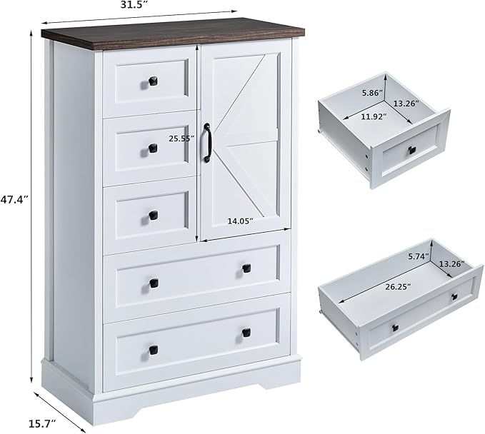 LIDYUK 5 Drawer White Dresser for Bedroom Farmhouse Dresser Chest of Drawers, 48" Tall Clothes Organizer with Storage Cabinet Wood Chest of Drawers for Bedroom, Living Room