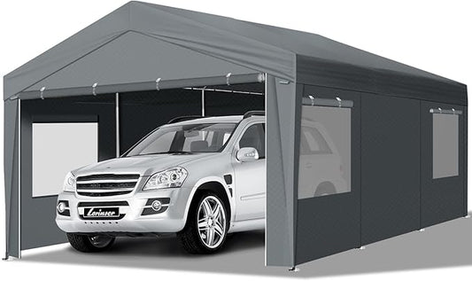 VINGLI 12x20 Carport Canopy Portable Garage with Roll-up Windows & Removable Sidewalls, Car Canopy Heavy Duty Car Tent Garage for SUV, Boats, RVs, Trucks (with Sidewalls)