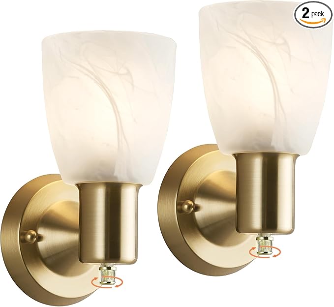 Wall Sconces Set of 2, Gold Vanity Lights for Bathroom, Modern Wall Light Fixtures with Rotary Switch, Wall Mount Light with Frosted Glass, Farmhouse Wall Lamp for Bedroom Living Room