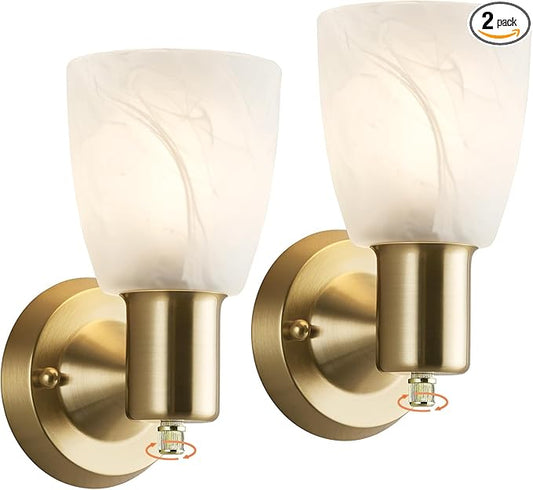 Wall Sconces Set of 2, Gold Vanity Lights for Bathroom, Modern Wall Light Fixtures with Rotary Switch, Wall Mount Light with Frosted Glass, Farmhouse Wall Lamp for Bedroom Living Room