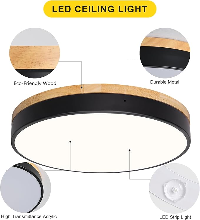 Modern Black Ceiling Light, Wood LED Close to Ceiling Lighting Fixtures, Round Flush Mount Ceiling Lamp for Kitchen Bedroom Bathroom Laundry Room Nursery Room Hallway（15.74 Inch）