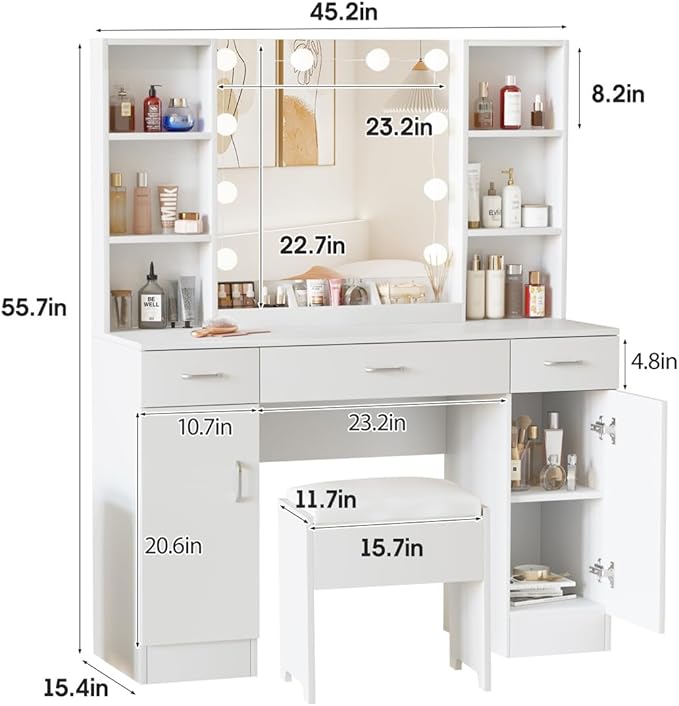 Vabches Vanity Desk with Lighted Mirror, Large Makeup Vanity Table Set with Bench & Cabinets, 45.2inch (W), White