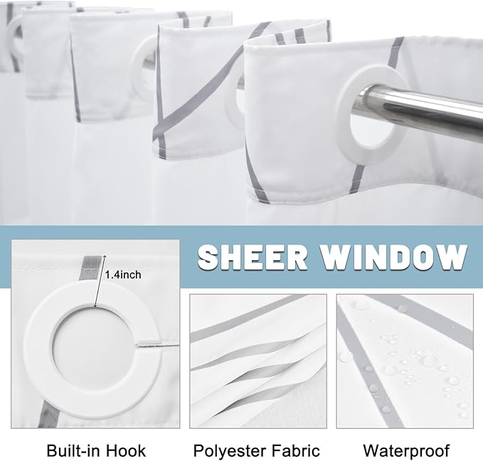 No Hook Grey White Striped Stall Shower Curtain with Snap in Liner Set - Hotel Shower Curtain and Liner Set with See Through Mesh Top Window,Machine Washable, 54x80 INCH