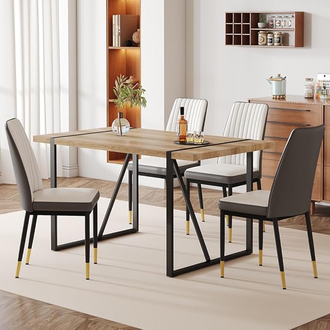 Dining Table Chairs Set for 4, Modern Rectangular Dining Room Table Set PU Leather Upholstered Dining Chairs 55" Dinner Table Set for Kitchen, Dining Room (Dining Table Set for 4, White Grey)