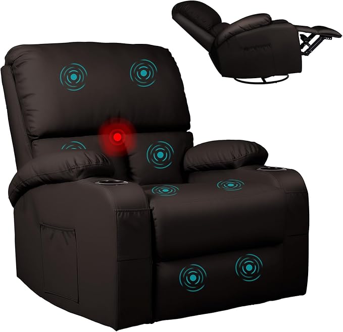 LEVELEVE Rocking Recliner Chair, Massage Rocker Recliner Chair with Vibration Massage and Heat,360° Swivel Recliner Chairs, Living Room, Bedroom, Nursery, RV, Brown