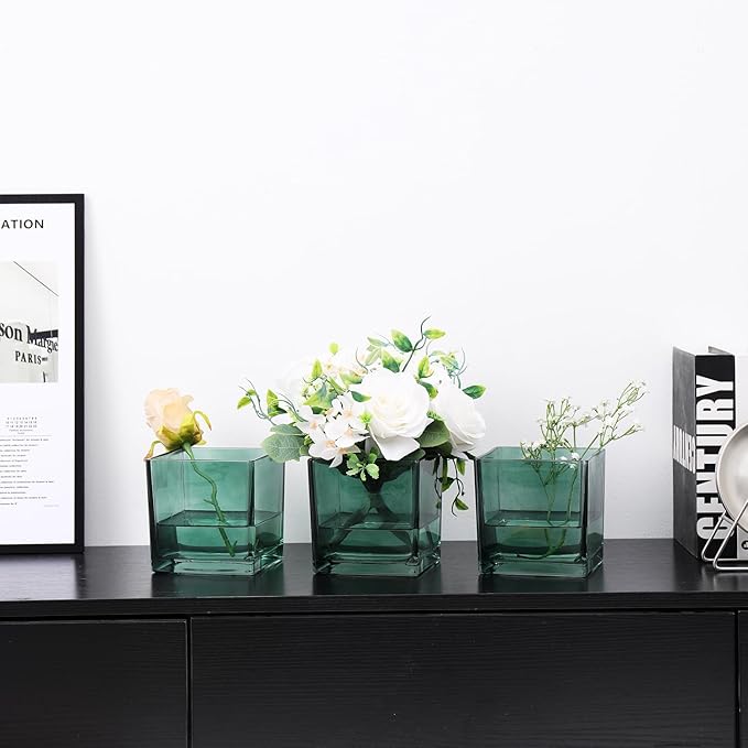 MARTAGE Square Glass Vases Set of 4, 5" x 5" x 5" Green Flower Vases for Centerpieces, Square Vase for Flowers, Small Vase for Wedding, Party, Home Office Decoration