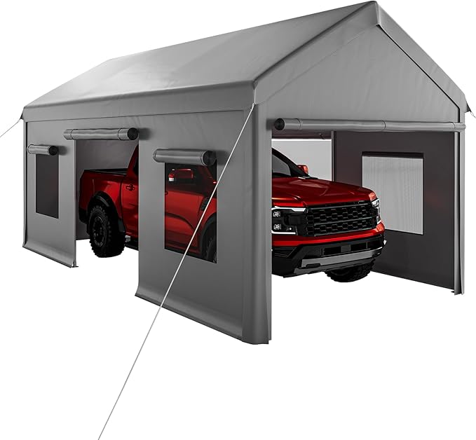 10x20 Ft. Metal Carport Garage with PE Fabric and Galvanized Steel Frame Outdoor Shelter for Cars, Trucks and Boats with 4 Doors and Mesh Windows for Ventilation - Grey