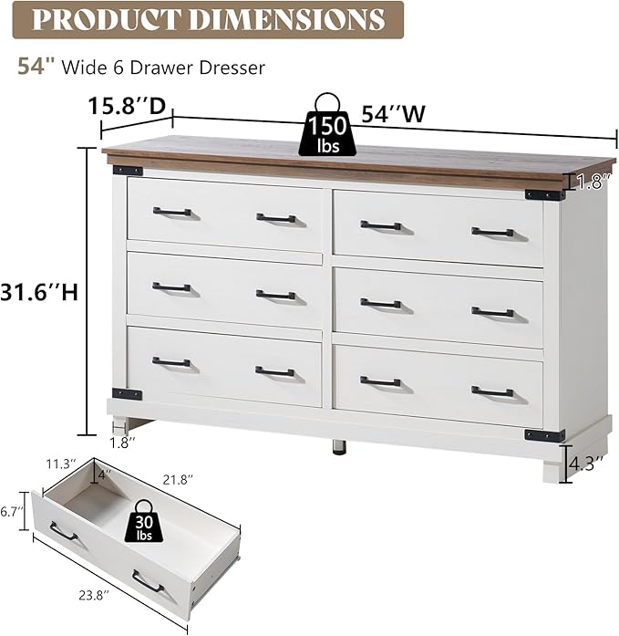 AMERLIFE Farmhouse 6 Drawers Dresser Chests for Bedroom, Wood Large Chest of Drawers/w Thick Plank Styling, Rustic Heavy Duty Closet Storage Dresser Organizer, Living Room, Hallway, Antique White