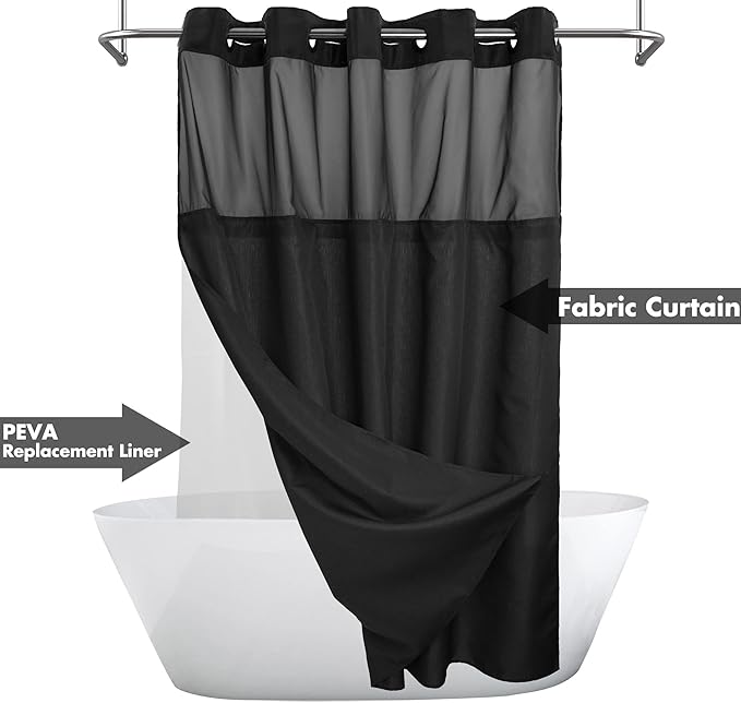 Long No Hook Slub Textured Shower Curtain with Snap-in PEVA Liner Set - 71" x 80"(78"), Hotel Style with See Through Top Window, Black Fabric Curtain & Waterproof Liner, Black, 71x80