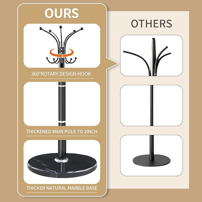 Metal Heavy Duty Coat Rack Stand, Modern Freestanding Coat Rack with Natural Marble Base, 360° Roraty Coat Racks with 16 Hooks, Black Coat Hall Tree Hanger Stand for Entryway, Office