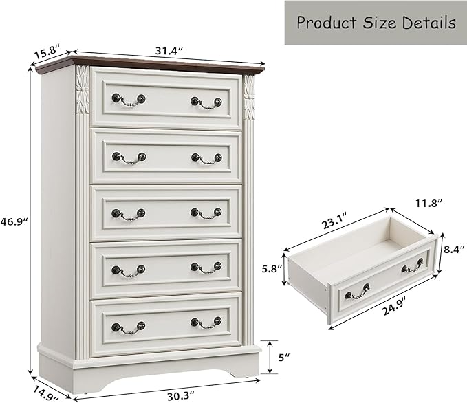 BLANKSPACE Farmhouse Dresser with 5 Drawers, Chest of Drawers for Bedroom, Hallway, Living Room, or Office Organization （Antique White）