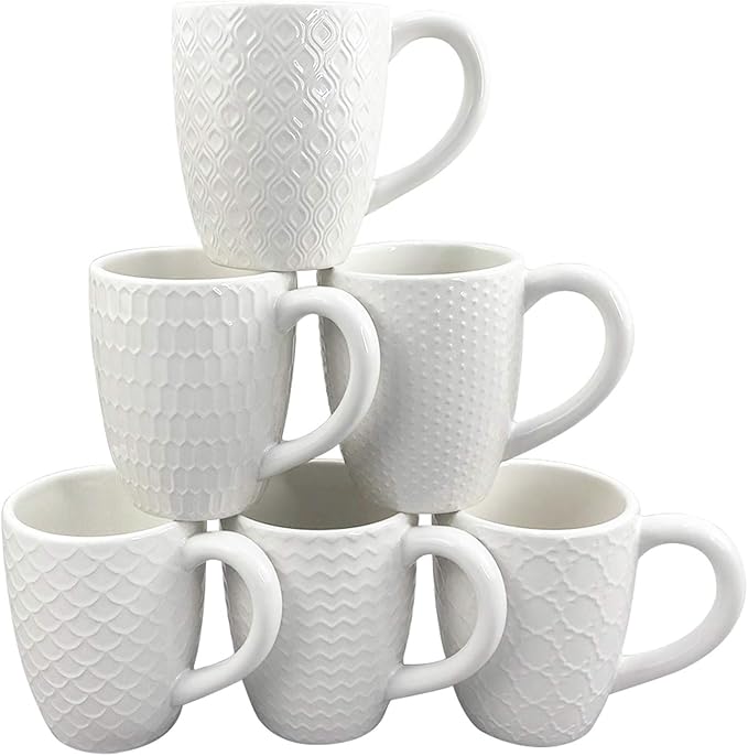 Schliersee 12 OZ White Ceramic Coffee Mugs set of 6, Stylish Embossed Coffee Cups Set for Coffee, Tea, Milk, Cocoa, Cereal