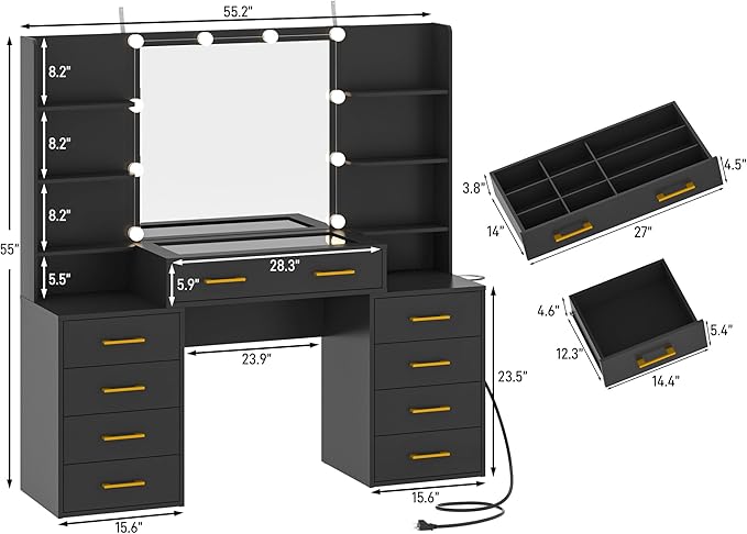 55 in Glass Top Vanity Desk with Mirror and Lights, Large Vanity Makeup Mirror Desk with Charging Station Compartment Storage Drawers, Modern Makeup Vanity with 9 Drawers 6 Shelves, Black