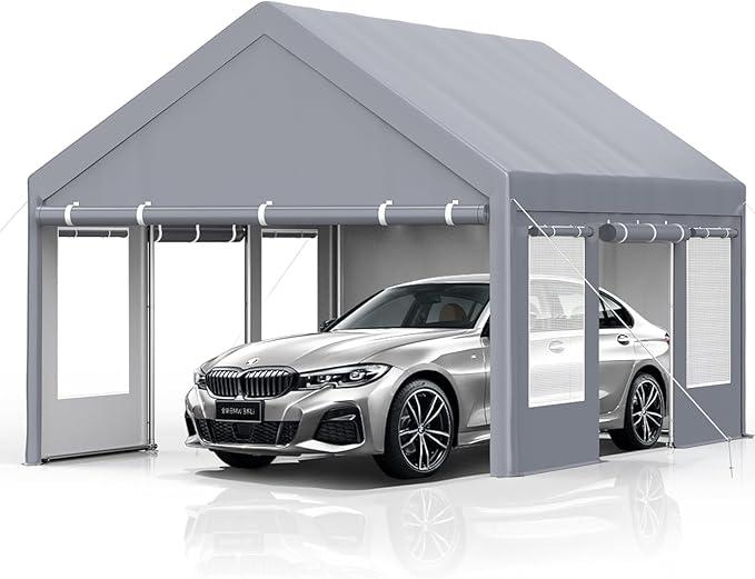 Garvee 13x20 ft Heavy Duty Carport, Extra Large Galvanized Steel Car Canopy with All-Season Tarp Cover, 4 Roll-Up Doors & Mesh Windows, Portable Garage Shelter for Car, Truck, SUV, Boat, Grey
