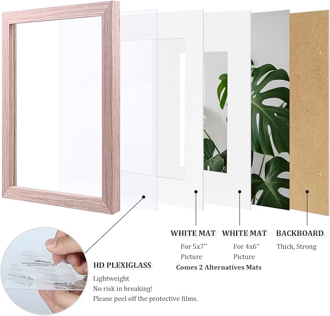 Egofine 8x10 Picture Frame Made of Solid Wood Covered by Plexiglass, Display Pictures 4x6/5x7 with Mat or 8x10 Without Mat for Table Top Display and Wall Mounting Photo Frame, Peach Pink