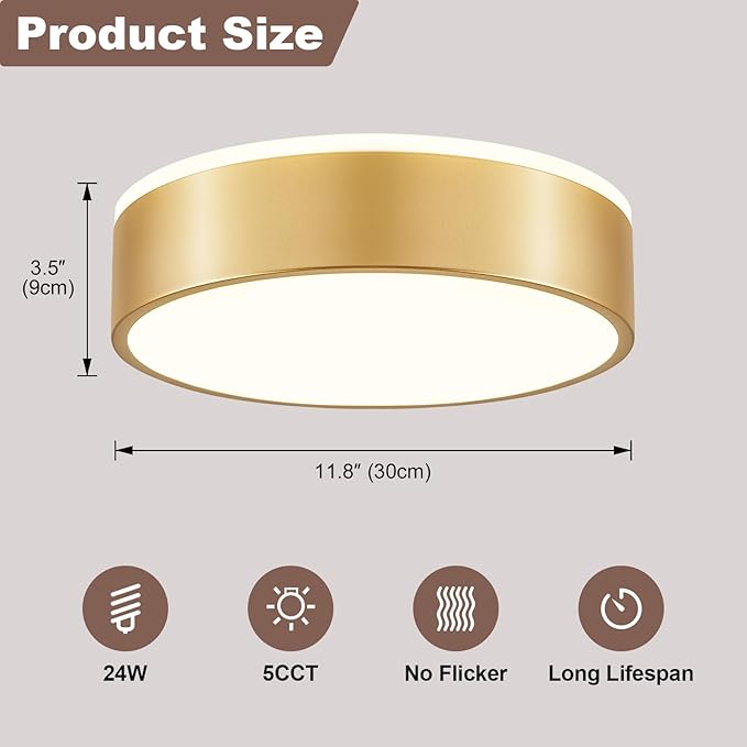 Dimmable Gold LED Flush Mount Ceiling Lights, Modern 5CCT 2700K-6000K Close to Ceiling Light, Minimalist Round Kitchen Lighting Fixtures for Bedroom Hallway Entryway Laundry Room, 11.8 Inch