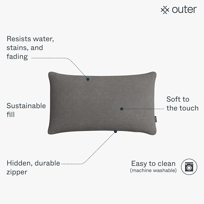 Outer Outdoor Throw Pillow with OuterWeave Performance Fabric, Decorative Outdoor Pillow for Patio & Outdoor Furniture, Includes Machine Washable Pillow Cover and Insert - Dark Pebble Gray, 12"x20"