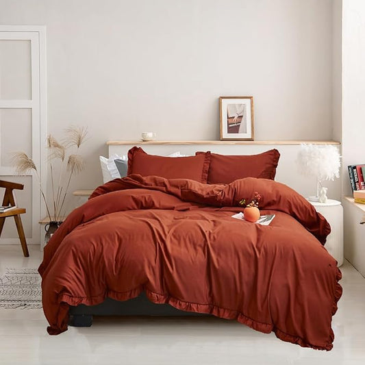 Luxlovery Ruffle Comforter Set King Burnt Orange Farmhouse Caramel Bedding Comforter Set Shabby Chic Rust Orange Solid Blanket Quilts Ruffled Reddish Caramel Bedding Set for Women Men