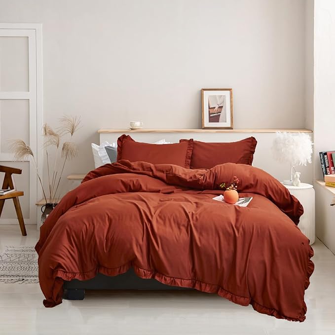Luxlovery Burnt Orange Ruffle Comforter Set Twin Farmhouse Rust Orange Bedding Comforter Set Shabby Caramel Chic Blanket Quilts Ruffed Reddish Orange Bedding Set for Women Men Adults Kids